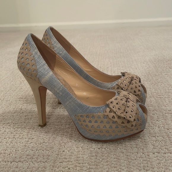 Rebecca Sanver Peeptoe Heels light Blue denim/beige suede size 37 - Picture 1 of 8